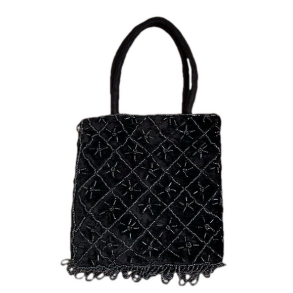 Vintage Black Velvet Beaded Evening Hand Bag Crossbody Clutch Embellished - Picture 1 of 11